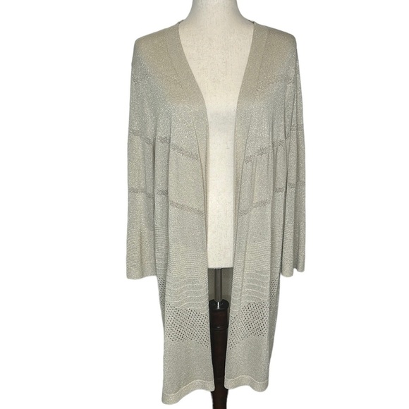 Chico's Shine Cardigan Women's XL Gold Metallic Longline Open Pointelle - Picture 2 of 9